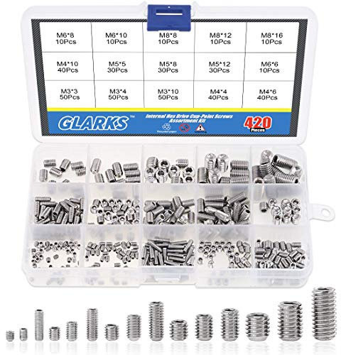 Glarks Lot de 420 vis à tête hexagonale M3/M4/M5/M6/M8 en acier inoxydable 304