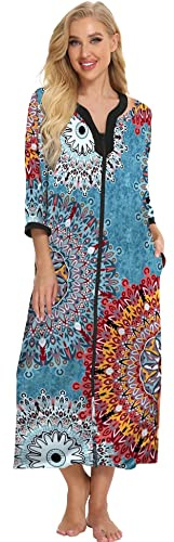 Bloggerlove Womens Robes Lightweight for Hospital Delivery House Coat Maxi House Dress Zip Up Bathrobe Leightweight Nightgown Long Sleepwear House Dress Caftan