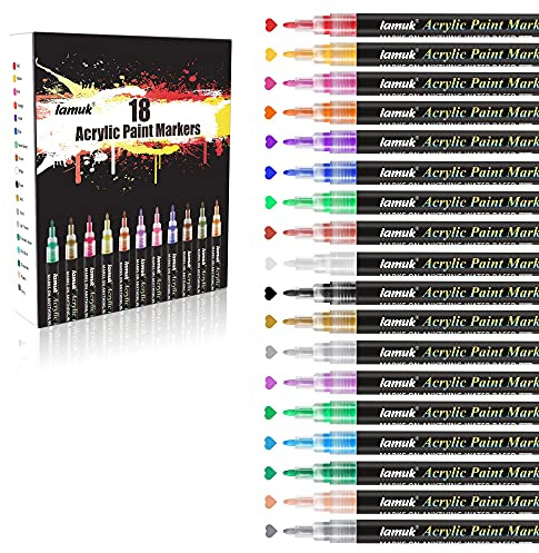 Lamuk 18 Acrylic Paint Pens-0.7mm Fine Tip Permanent Non-Toxic Water Based Painting Pen Set for Wood, Glass, Rock, Mug, Ceramic, Fabric, Stones- Waterproof Metallic (Quick Dry) DIY Drawing Markers Kit