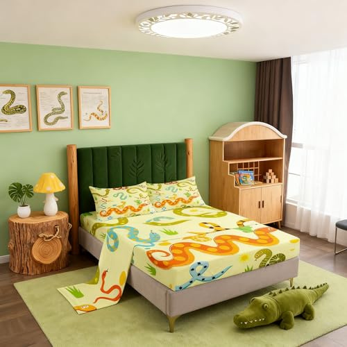 Snake Fitted Sheet Twin Size,Cartoon Snake Print Bed Sheet Sets for Kids Teens Adults,Wildlife Animal Top Flat Sheet 3 Piece,Light Yellow Bedding Sets Bedroom Decor Soft with 1 Pillowcase