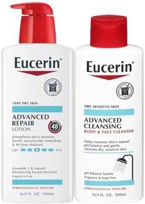Eucerin Advanced Repair Unscented Body Lotion for Dry Skin (16.9 Fl Oz) + Advanced Cleansing Body and Face Cleanser for Sensitive Skin, Fragrance Free (16.9 Fl Oz)