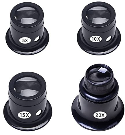 hifrom Uhrmacherlupe 4 Stück Juwelierlupe Glaslinse Vergrößerung Faktor 5x/10x/15x/20x Uhrmacher Auge Okular Lupenbrille Monokular für Schmuck Diamanten Uhr Nähen Handwerk Elektriker Juweliere
