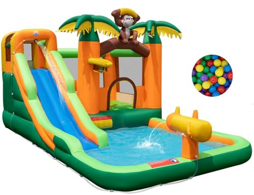 COSTWAY Inflatable Water Park with Slide, Water Cannon, Climbing Wall and Splashing Pool, Kids Bouncy Castle Jumper House for Summer Outdoor Play, 460 x 285 x 230cm (with 50 Ocean Balls)