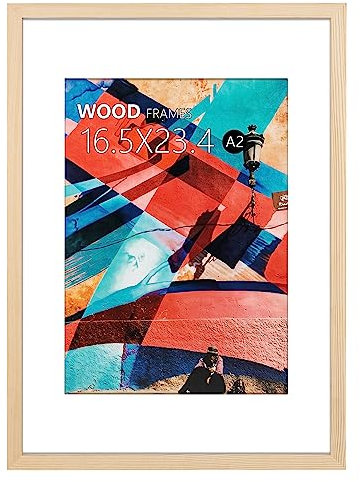 HOHIYO A2 Posterrahmen, 42 X 59,4 Cm, Naturholz-Bilderrahmen Mit Poliertem Akrylglas, Einfach AufzuhäNgen, Bild A2 Ohne Matte Oder A3 Mit Matte FüR Wandmontage Horizontal Und Vertikal