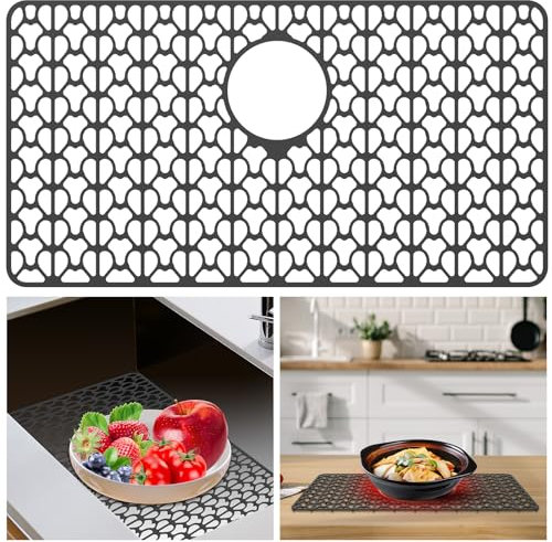 Fyeme Tappetino per Lavello Tappetino Lavandino Cucina in Silicone Tappetino Protettivo per Lavello Resistenza alle Alte Temperature Pieghevole Anti Scivolo Tappetino di Scarico 66 x 35 cm (Nero)