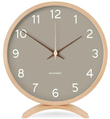 Justup Wecker Analog ohne Ticken, Tischuhr lautlos aus Holz, leise Holzuhr rund dekorative kleine Mini-Analog-Moderne Uhr, Kleine Tischuhr Analog für Nachttisch Schlafzimmer Büro (Grau), JU0401