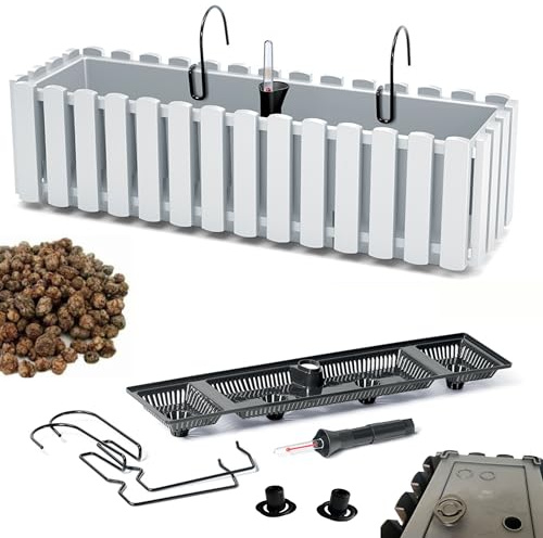 DIKEL Barandilla | Jardinera para balcón con sistema de riego y tapas de goma para drenaje de agua | Maceta para balcón o jardín | Maceta para plantas protege las raíces y evita el anegamiento |