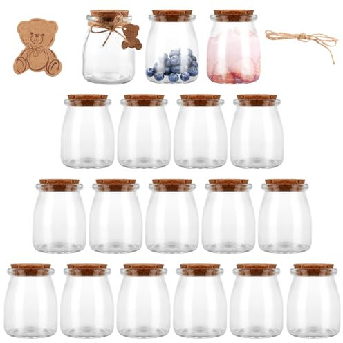 LDXDRU Confezione da 18 barattoli per yogurt da 200 ml con coperchio in sughero, barattoli in vetro con etichette e cordini, barattoli vuoti per latte, marmellata, mousse, feste di matrimonio