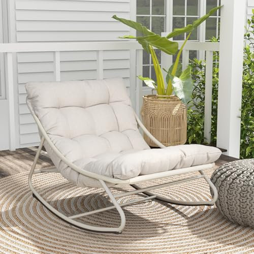 Grand patio schaukelstuhl Outdoor mit Kissen, Schaukelliege Wetterfester Relaxstuhl aus Metall für Garten, Wohnzimmer, Hof, Terrasse und Balkon, bis 150 kg Belastbar-Cremeweiß