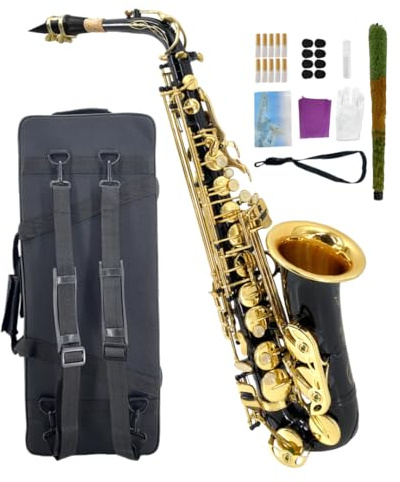 WUQIMUSC Sassofono contralto Eb per principianti, kit completo per sassofono con custodia rigida, bocchino, tracolla, ance, kit di pulizia, ideale per studenti e professionisti (nero)
