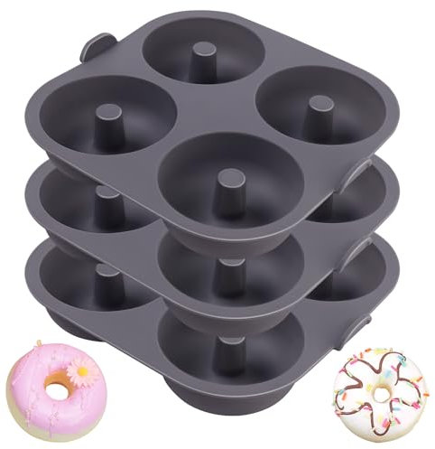 Butabeishy Silikon Donut-Backform Set, 3 Stück, 4 Mulden pro Form für Heißluftfritteusen, 21 x 20cm, Grau