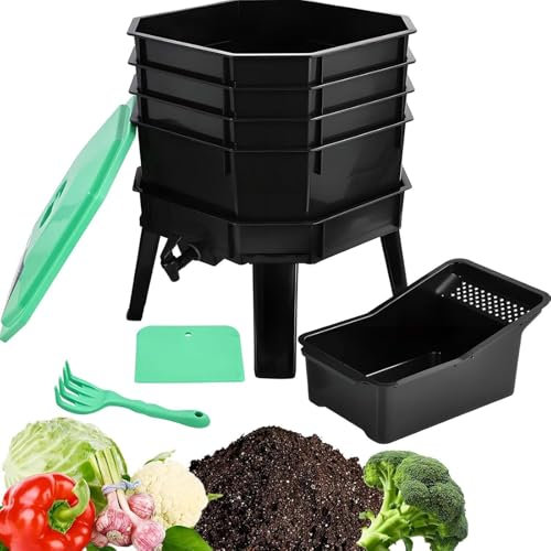 4 Layers Worm Composting Bin, Garden Composter Bin, Easy Grip Lid and Removable Tray, Mesh Design for Ventilation, Base Tap Design with Small Spatula, Black Opaque Material, for Garden, Backyard