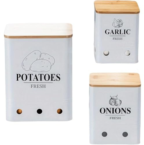 Vobumix Potato Onion Storage Box, 3pcs Metal Food Bin Container Pots with Lid Food Container Sets for Vegetables, Potato Onion Garlic Bin