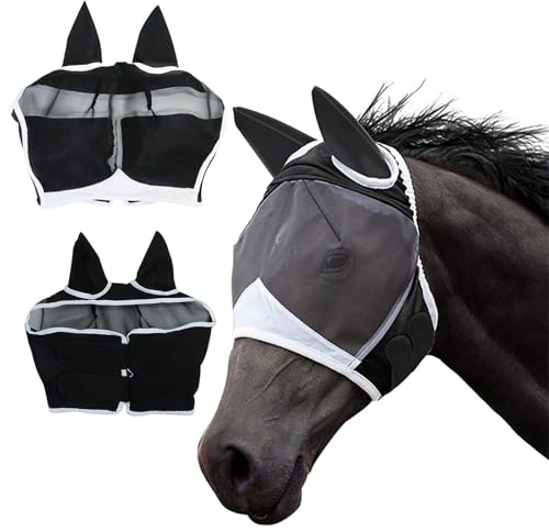 AMJKEJI Máscara de mosca para caballo, cómoda, elástica, espacio para los ojos con protección UV, mosquitos e insectos, máscara de mosca de media cara con orejas para caballos, color negro (M)