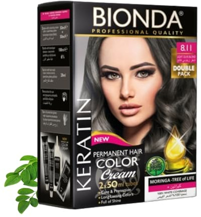 BIONDA Professional Coloration permanente pro 200ml – teinture maison longue durée, 100% couverture des cheveux blancs | crème colorante riche | kératine + moringa (8.11 Blond Olive Clair)
