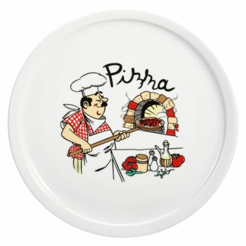 HowHomely Pizzatallrik serveringstallrik, rund mattallrik, pizzatallrik, porslin, stor med motiv, italiensk, vit, kök, matsal