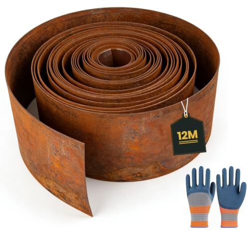 Borde de Metal para Césped para Arriates, Bordura Acero Corten, Borde Flexible para Jardín con Efecto Óxido, para Delimitar Parterres, Caminos, Árboles y Jardines de Grava (12m×15cm)