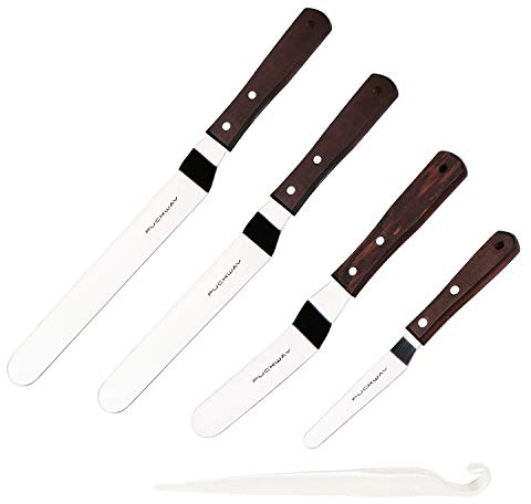 PUCKWAY 4 PCS Cake Decorating Icing Spatula set with 4, 6, 8 & 10 Inch Stainless Steel Blade, Wood Handle Frosting Spatulas and Cake Stripping Tool