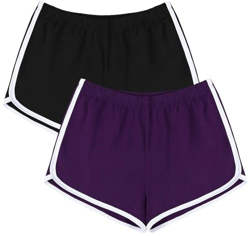 URATOT Lot de 2 Shorts de Sport en Coton pour Femme, Noir/Violet, Taille M