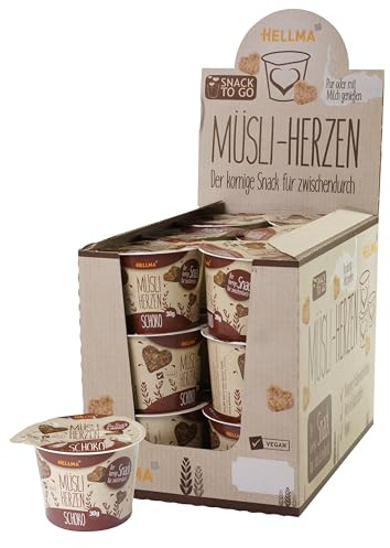 HELLMA Müsli-Herzen Schoko - 18 Portionen, je 30 g - Haferflocken in Herzform mit Schokolade, to-go-Becher