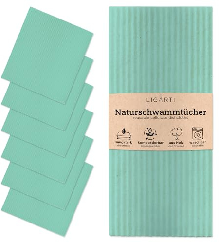 Ligarti Paños de esponja de madera (100% ecológico y lavable), juego de 6 paños de cocina sostenibles compostables, paños multiusos para el hogar, fabricados en Alemania, paños compostables (verde