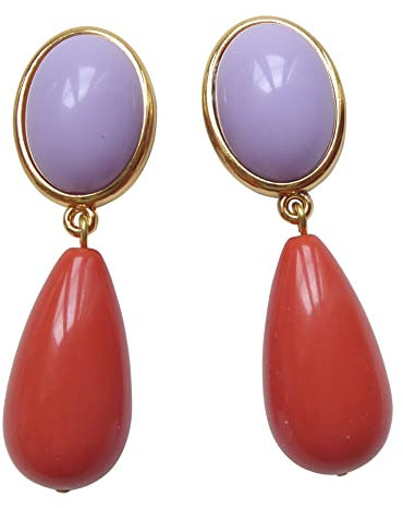 Der absolute Hingucker: Leichte sehr große Ohr-Clips vergoldet Stein lila Anhänger korall-rot Hingucker Geschenk Geburtstag elegant Designer JUSTWIN