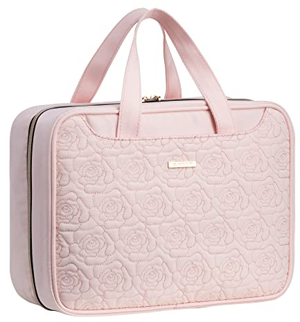 EVERFUN Hängende Reise-Kulturtasche für Frauen, große Make-up-Kosmetiktasche mit 4 Fächern, wasserabweisend, vollständig geöffnet, Handgepäck-Dopp Kit für Reisezubehör (Rosa, Groß)