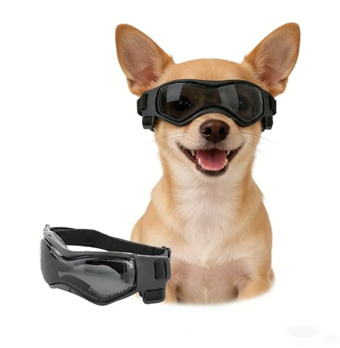Enjoying Dog Sunglasses Small Breed, Dog Goggles UV Protection, Cycling Eye Protection for Small Dogs, Outdoors Breathable Windproof Dustproof Anti-Fog, Adjustable Straps, Cool Black