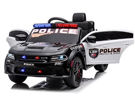 Vehículo infantil eléctrico Dodge Policía licenciado – Batería de 12 V, 2 motores, mando a distancia de 2,4 GHz, MP3