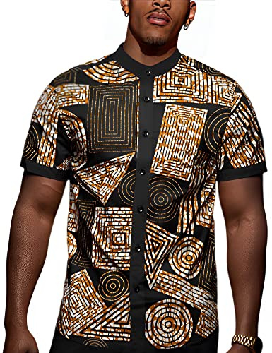 Men's African Printed Patchwork Design Short Sleeve Button up Shirt Henry Collar Traditional Dashiki Mens Fashion Street Wear Designer Shows Party Print Shirt Ethiopian Shirt ropa para Hombre