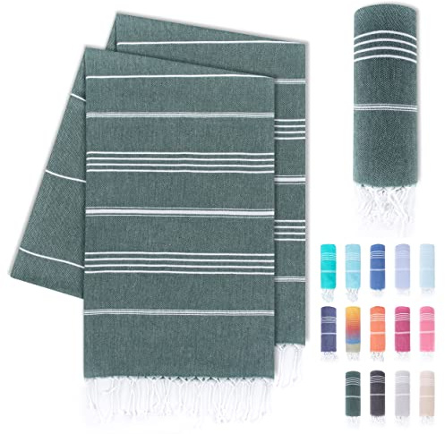 LAYNENBURG Juego de 2 Toalla de Playa Premium con Flecos anudados a Mano - 100% algodón - Toalla de hammam XXL 100x200 cm - Oeko-Tex 100 - fouta Grande - pestemal de Sauna y de Viaje (Verde Oscuro)