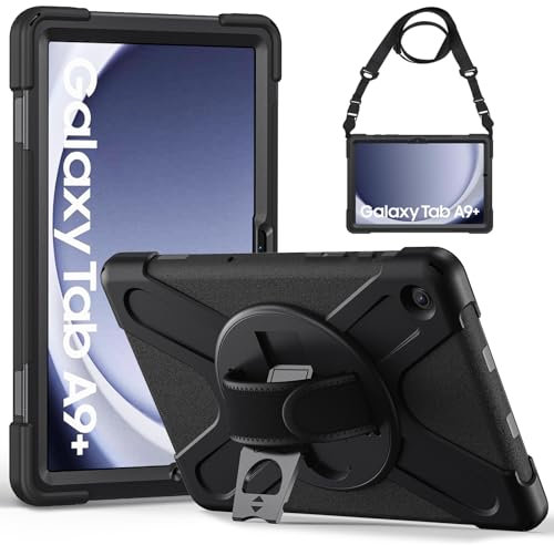 Gerutek for Samsung Galaxy Tab A9 Plus Case Shockproof, SM-X210/X216/X218 Cover, Heavy Duty Rugged Samsung tablet A9 Plus Case with 360 Rotating Stand/Hand Strap,Shoulder Strap, Black