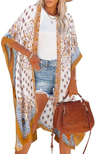 Moss Rose Women's Beach Cover up Swimsuit Kimono Cardigan with Bohemian Floral Print
