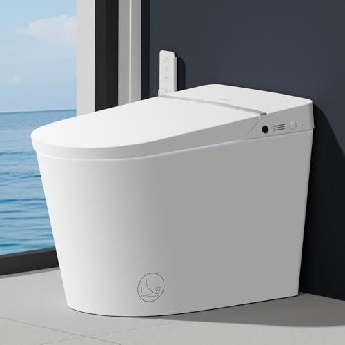 EPLO Toiet inteligente con tanque y bidé integrado, apertura y cierre automático, descarga opaca, descarga automática, asiento calefactado, funcionamiento del sensor de pie, pantalla LED, una pieza