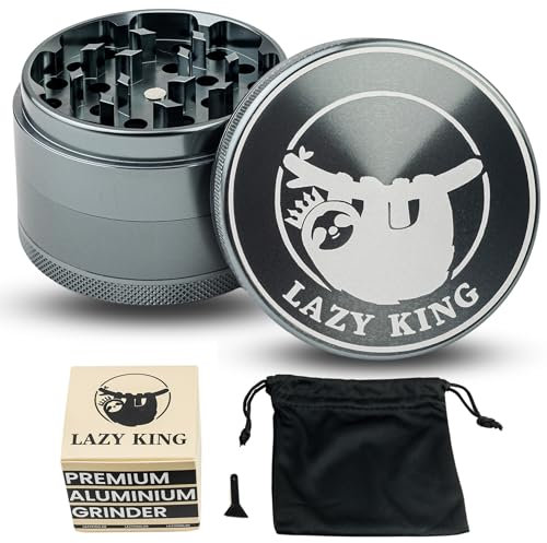 LAZY KING Premium Aluminium Grinder Crusher - 63 mm, 4-teilig - Set mit Beutel & Pollen Scraper - Hochwertige Kräutermühle in Space Grau