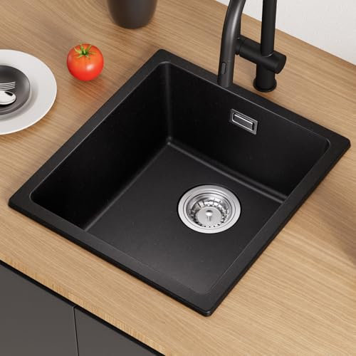 CECIPA Spülbecken Schwarz Granit, 40*44*20cm Küchenspüle Schwarz, Spüle Küche, Moderne Granitspüle, Einbauspüle Rechteckig, Waschbecken Küche ab 40er, Spülbecken Küche Klein, 1 Beckenn ohne Hahnloch