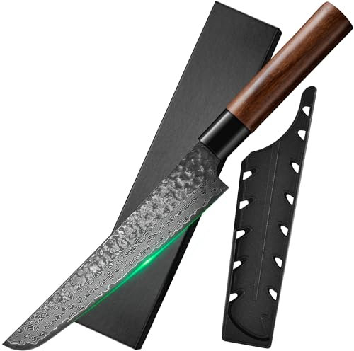 FULLHI Coltello giapponese in acciaio damasco con fodero, lama forgiata martellata manico in legno Gyutou Filetier coltello da cucina con scatola per cucina, campeggio BBQ (20,6cm)