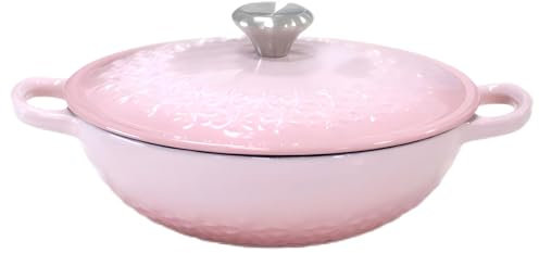 Enameled Cast Iron Skillet,Pink Dutch Oven With Bas-relief Flower,3QT Dutch Oven Pot with Lid,Dual Handles Dutch Oven for Bread Baking,Braiser,Cooking,Gifts for Family/Valentine's Day