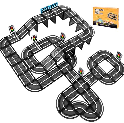 BuzzoXerex Construction Magnetique Route, 70 Pièces Magnetic Tiles Route, Construction Magnétique Enfant Éducatifs Cadeau pour Fille Garçon 3 4 5 6 Ans (70 Pièces)