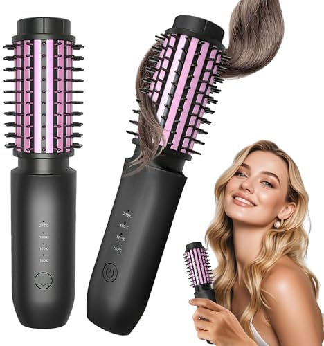 3 in 1 Cordless Heated Curling Iron Travel Hot Brush, 40mm Hot Hair Curling Brush for Travel, Portable Type-C Rechargeable 7000 mAh Negative Ion Styler, 4 Temperatures Hair Styler(Black)