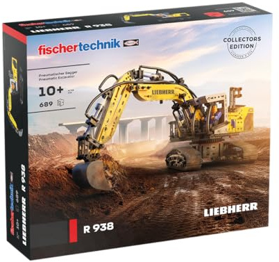 fischertechnik 576450 Liebherr R938 Pneumatischer Bagger – Baukasten für Kinder ab 10 Jahren, Modellbausatz für Erwachsene, gelb