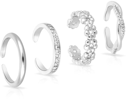Mikovivi 4 Uds Ajustables Anillos para Dedo de Pie, 4 Estilos Sin Deslustre Diamante Flor Liso Abierto Anillos Mujer Dedo Pie Joyas para Pies de Playa (Plata)