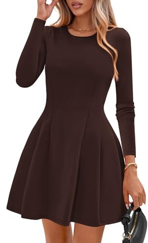 PRETTYGARDEN Long Sleeve Mini Dress for Women 2026 Spring Crewneck Knit Pleated Babydoll A Line Casual Short Party Dresses (Brown,Medium)