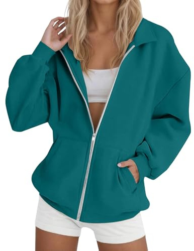 Felpe da donna casual leggere con zip intera risvolto senza cappuccio con tasche top oversize giacche tinta unita basic maniche lunghe pullover capispalla moda trendy vestibilità morbida tuta, Verde
