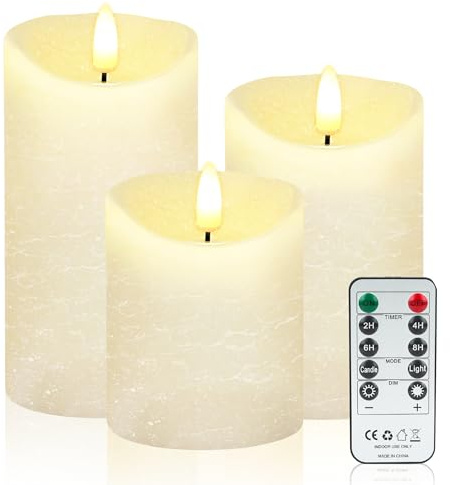 KERCAMKEL Lot de 3 bougies LED sans flamme avec mèches, bougies LED en cire véritable avec minuteur, bougies LED factices en forme de chandelles ivoire pour décoration de Noël, mariages, fêtes