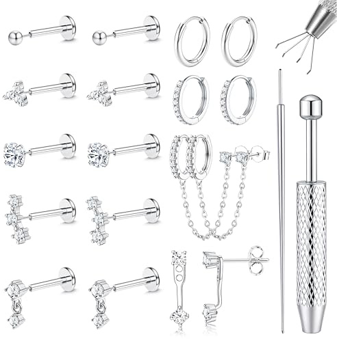 LOLIAS 20G Flat Back Earrings for Women Hypoallergenic Surgical Steel Stud Hoop Earrings Threadless Push in Nose Studs CZ Cartilage Earring Set Labret Helix Tragus Conch Piercing Jewelry SA