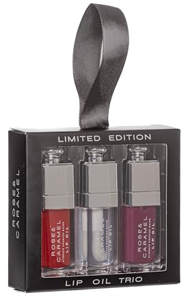 Rose & Caramel Lip Oil Bauble Gift Set - 3 Hydrating Lip Oils for Glossy, Nourished Lips | Moisturising Lip Treatment with Shine