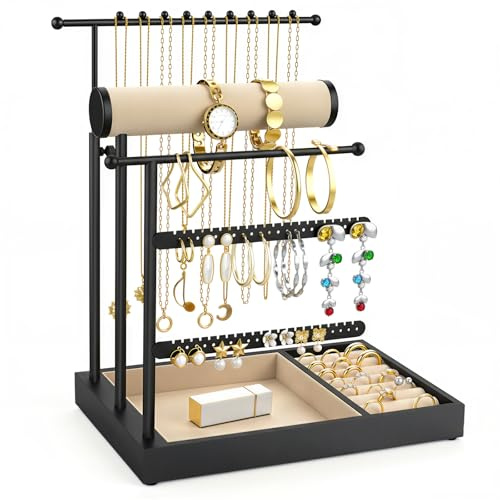 Emibele Necklace Holder Jewelry Organizer Stand, Jewelry Organizers and Storage Holder for Necklace Bracelet Earrings, with Velvet Ring Tray, Elegant Jewelry Stand Tower Gifts for Women, Black