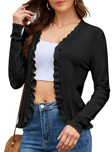 Gilet Court à Volants Femme Cardigan en Maille Fine Tricot Boutonné Col V Veste Courte Légère Chic Boléro Manches Longues Noir M