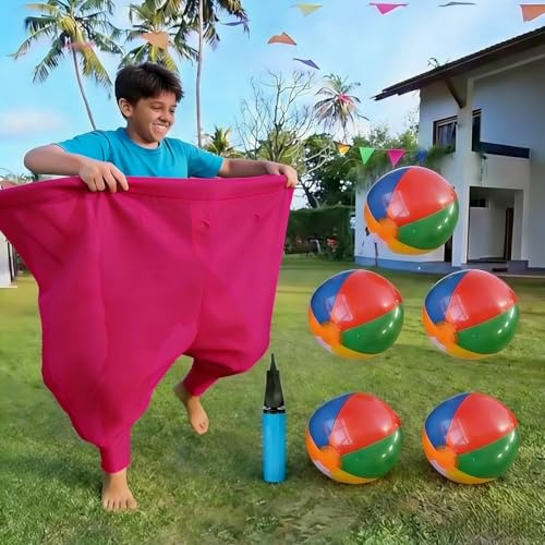 Vyloky Juego de pantalones gigantes con bolas de saltar, divertido juego familiar para fiestas de jardín, competición en equipo y juegos de mesa (rojo+5 pelotas+1 castillo hinchable)